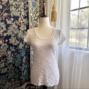 White Lace Short Cap Sleeve T-shirt Top, Floral Rose Lace